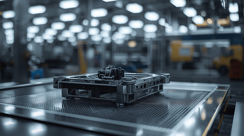 Pieza metálica de precisión sobre mesa de producción en una planta de automoción, representando cero defectos, tolerancias milimétricas y trazabilidad total lista para JIT.