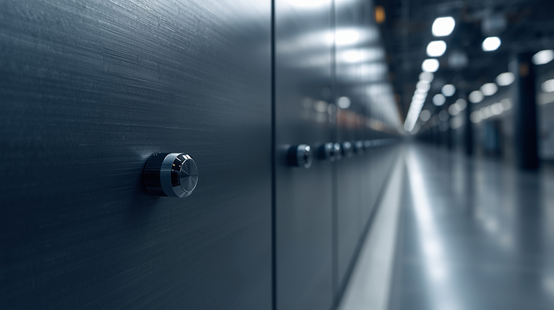 Primer plano de un mando metálico en el panel de un electrodoméstico en línea de producción, simbolizando alta cadencia, coste optimizado y acabados impecables en línea blanca.
